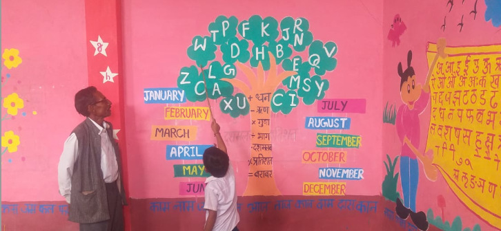 Teacher using wall painting